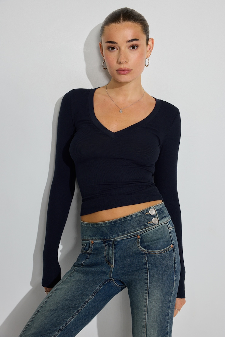Serene Deep V-Neck Long Sleeve Top Navy