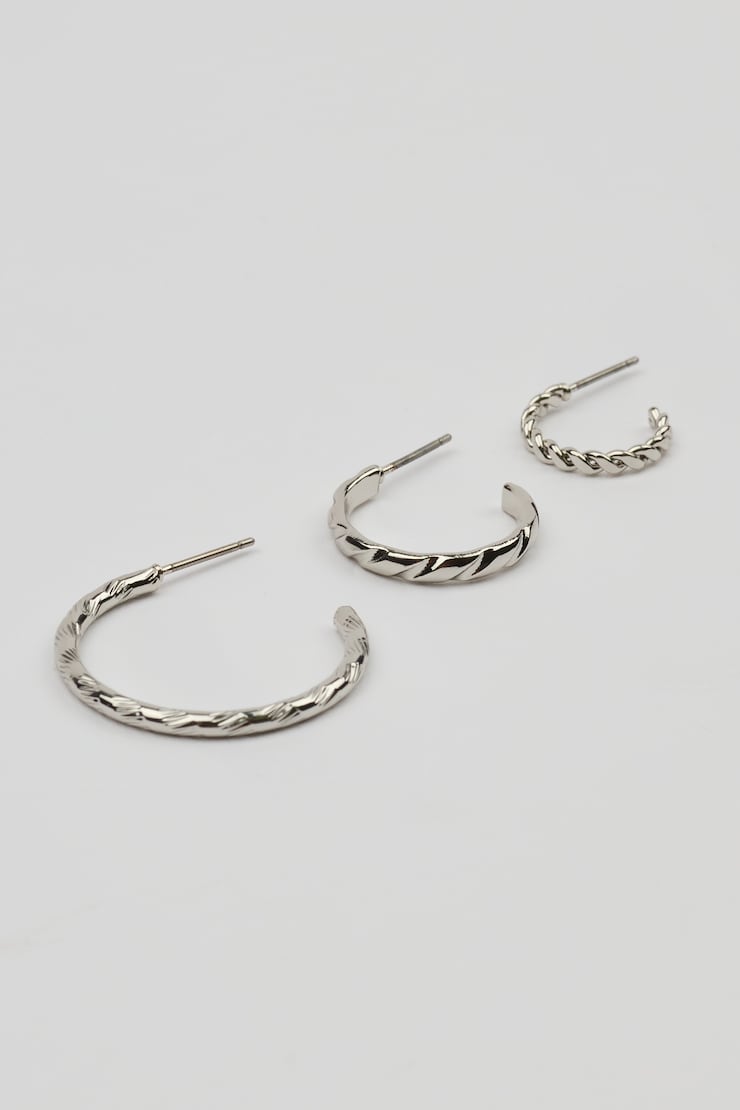 Set of 3 Textured Open Hoop Earrings Gray